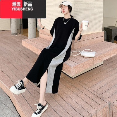 YIBUSHENG胖MM特大码300斤法式拼接过膝T恤裙女季宽松百搭休闲短袖连衣裙