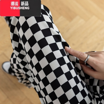 YIBUSHENG棋盘格冰丝阔腿裤女薄款季抽绳松紧腰雪纺休闲裤高腰垂感拖地裤