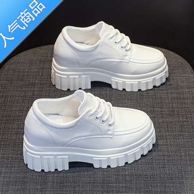 SUNTEK米色内增高小皮鞋女英伦风2023春秋新款松糕厚底鞋休闲系带乐福鞋