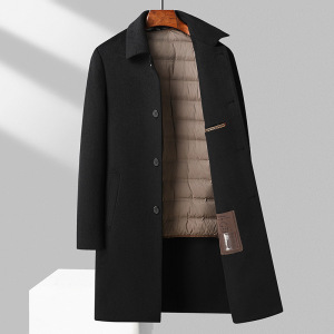 秋冬新款手工羊毛呢大衣男士长款羽绒内胆双面呢羊毛大衣外套