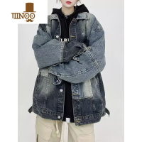 YANXU复古蓝拼接牛仔外套男女同款宽松小众设计感拼色情侣牛仔衣