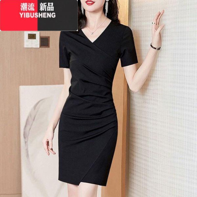 YIBUSHENG职业连衣裙女2024季新款显瘦气质包臀开叉短袖黑色一步裙子潮