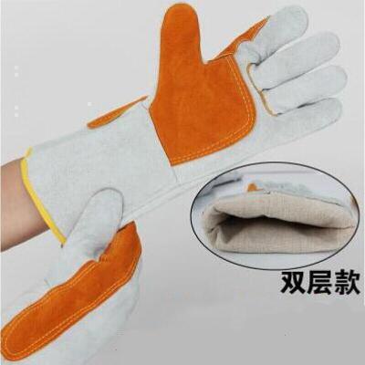 电焊手套长款 仿牛皮电焊手套焊工烧焊机械加固加托用高温隔热手套电焊工仿皮手套长款 加黄托加固款双层