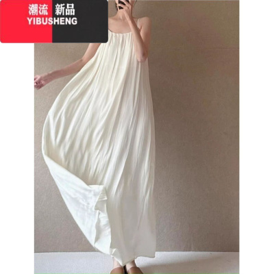 YIBUSHENG法式气质优雅吊带连衣裙女季海边度假慵懒风长款无袖大摆背心裙