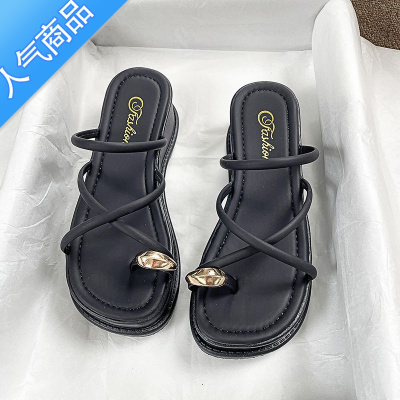 SUNTEK配裙子仙女风夹脚拖鞋女夏外穿超火2023新款网红厚底坡跟海边凉鞋