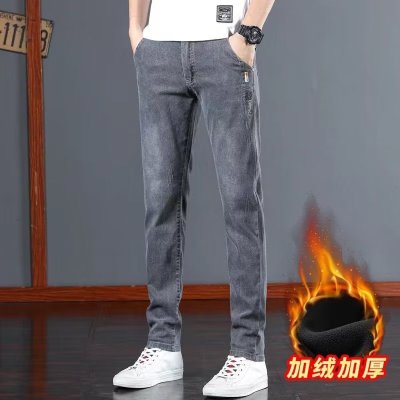 牛仔裤男士秋冬季新款加绒加厚修身小脚水洗绣花休闲长裤_1