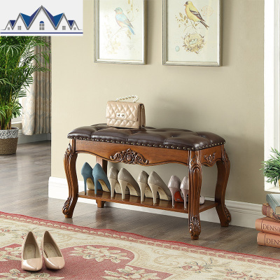 美式全实木换鞋凳欧式简易换鞋架纯实木皮凳沙发凳储物凳简约鞋柜 三维工匠收纳凳