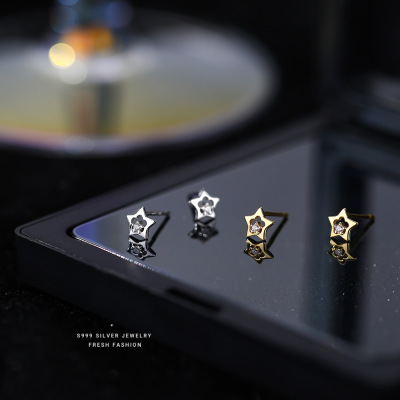 s999足银星中有你五角星闪钻耳钉女森系甜美简约小巧镶钻镂空耳饰送女朋友老婆情人节七夕生日礼物