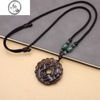 JiMi冰种黑曜石毛衣链男女百搭貔貅项链长款秋冬2022年新款装配饰