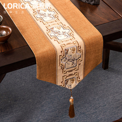 新中式桌旗禅意刺绣茶几餐桌布长条装饰布现代简约电视柜盖巾 南山秀色-卡其 33*180cm(适用桌长1.3米-1.4米)