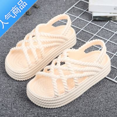 SUNTEK个性凉鞋仿编制厚底镂空透气沙滩鞋女松糕底休闲白色舒适护士鞋夏