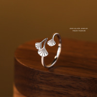 三生有幸银杏叶戒指女s999纯银森系食指戒小清新足银开口指环代发送女朋友老婆情人节七夕生日礼物