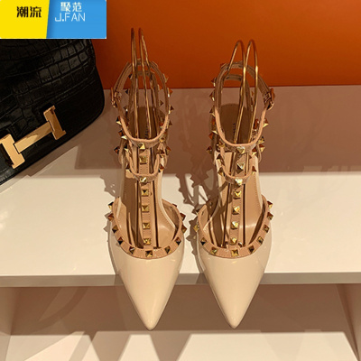 聚范铆钉高跟鞋女2024年夏季新款尖头细跟白色柳丁不累脚网红凉鞋单鞋