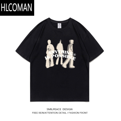 HLCOMAN笑颜工作室 美式潮牌抽象印花宽松短袖T恤男女夏情侣半袖上衣