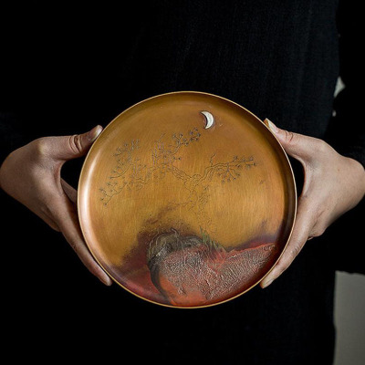 美帮汇镶银紫铜茶盘干泡盘圆形复古手工茶具壶杯托隔热垫茶具配件壶承