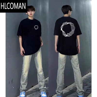 HLCOMAN美式高街圆圈印花短袖T恤男夏季百搭情侣小众潮牌宽松小领口上衣