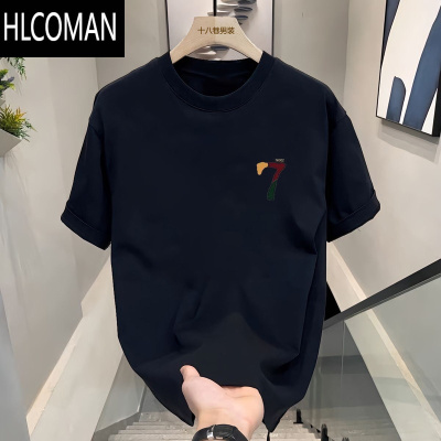 HLCOMAN高端短袖t恤男潮流圆领简约印花百搭潮牌轻奢痞帅休闲上衣T恤宽松