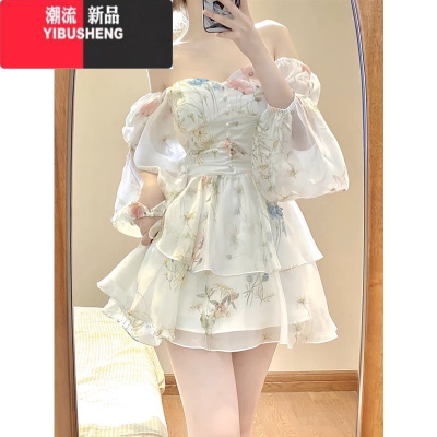 YIBUSHENG法式雪纺碎花连衣裙子女季高级感气质仙女蓬蓬裙收腰小个子短裙