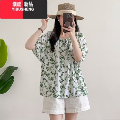 YIBUSHENG碎花棉绸衬衫女2024年季薄款宽松大码圆领上衣人造棉短袖T恤衫