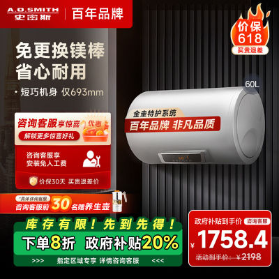 AO史密斯60升电热水器 专利免更换镁棒 金圭内胆 短款小尺寸 速热节能 大屏E60VC0-B 一级能效