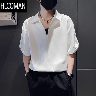 HLCOMAN高级感V领纯色衫男夏季潮牌痞帅短袖T恤2025新款男士休闲上衣