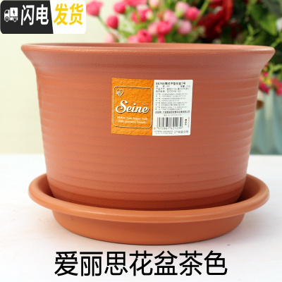 三维工匠圆花盆中钵加厚树脂花盆栽绿植多肉盆 茶色+托盘 8号外径24.8高18.1cm花盆容器