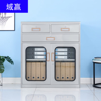 域赢201不锈钢储物柜矮柜办公柜铁皮柜子抽屉柜三抽下节玻璃门