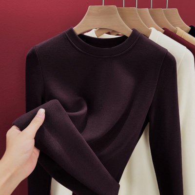 冬季羊毛蚕丝圆领打底衫女秋衣保暖内衣德绒发热内搭长袖T恤上衣