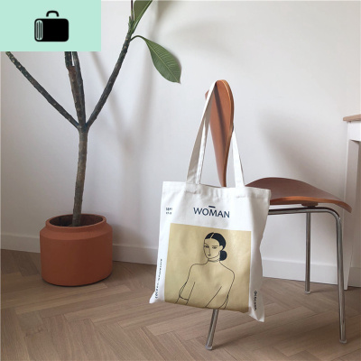 古着感少女单肩包ins中包小清新帆布包大学生上课手提袋夏季包包NEW LAKE 白色woman图案款女士单肩包