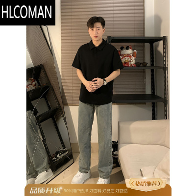 HLCOMAN成熟稳重男装黑色短袖男士polo衫痞帅poli领t恤夏季美式半袖