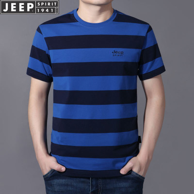 JEEP SPIRIT吉普新款男士短袖T恤宽松大码圆领条纹衫青年休闲T恤