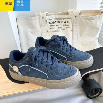 聚范男鞋子潮鞋2024新款翻毛皮滑板鞋韩版百搭普鲁士蓝圆头帆布鞋