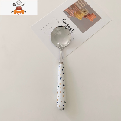 ins风碎石纹陶瓷手柄不锈钢餐具 刀叉勺套装石英贴花金色哑光勺子 敬平 碎石纹餐勺[长16.5cm]