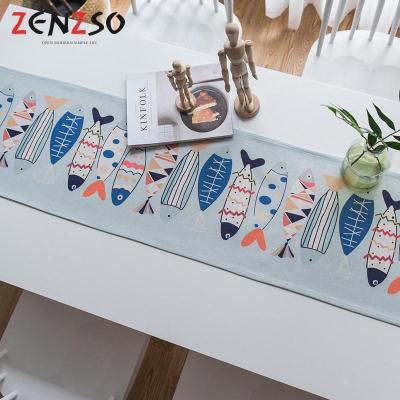 家柏饰(CORATED)北欧S风棉麻布艺茶几电视柜客厅餐桌布盖巾床尾旗桌旗 蓝灰底鱼桌旗 35*180cm