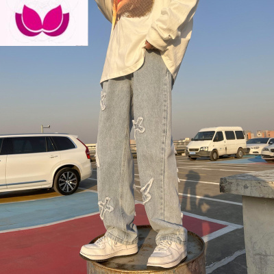 七斓高街牛仔裤男潮牌贴布直筒裤美式嘻哈街头大码阔腿拖地长裤子