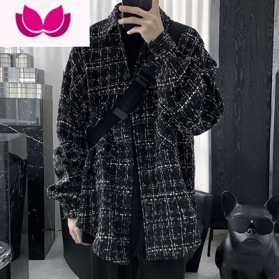 七斓禁欲系毛呢衬衫男轻熟风格子复古夹克宽松休闲百搭小香风外套