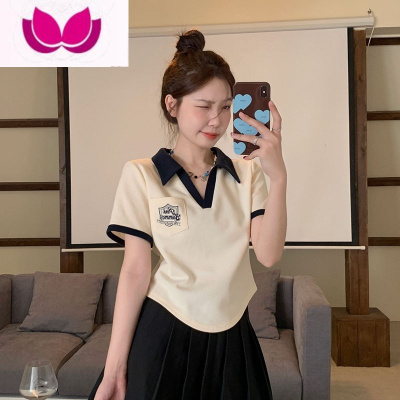 七斓美式复古正肩polo衫短袖t恤女夏宽松设计感小众别致短款辣妹上衣