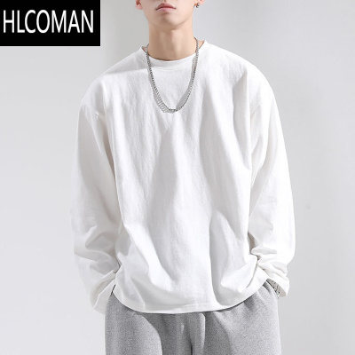 HLCOMAN新款长袖t恤男宽松百搭港风纯色简约休闲圆领打底衫短袖上衣