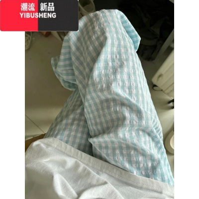 YIBUSHENG小清新绿色格子阔腿休闲裤女季薄款小个子直筒宽松慵懒松弛感裤