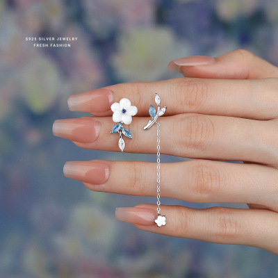 2025新品浅蓝花语不对称流苏耳钉S925纯银小众设计耳环气质耳饰品送女朋友老婆情人节七夕生日礼物