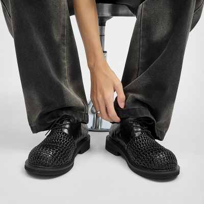 夏季男士凉鞋手工编织镂空透气德比鞋男款高级感商务休闲大头皮鞋