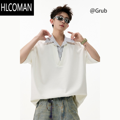 HLCOMAN美式假翻领短袖T恤男夏高街潮牌运动体恤宽松青少年休闲上衣