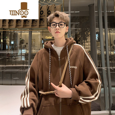 YANXU条纹连帽开衫卫衣男款2023新款潮流拼接青少年情侣宽松外套