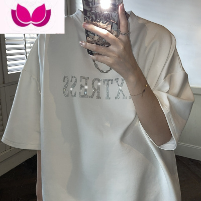 七斓美式烫钻字母短袖t恤男oversize百搭宽松上衣夏季潮牌ins高街体恤