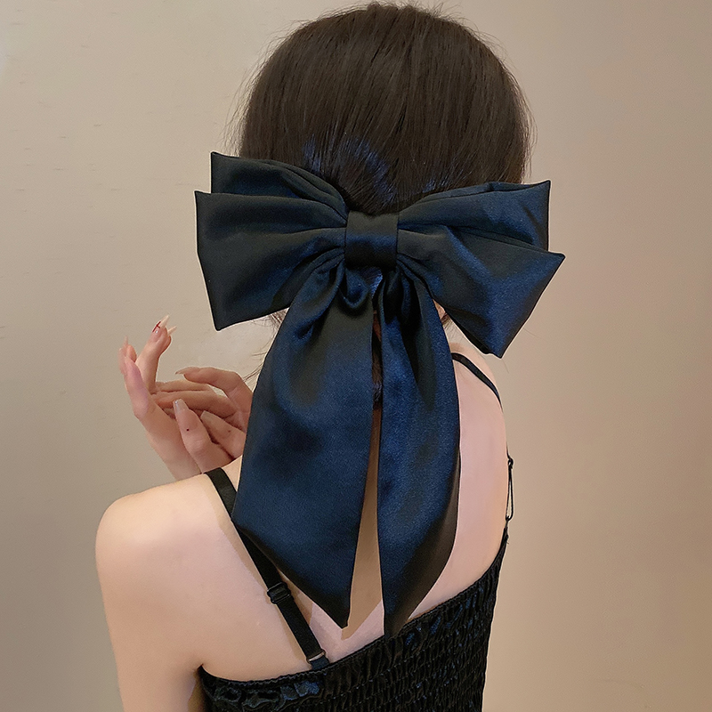 2023新款大蝴蝶结发夹女缎面弹簧夹黑色顶夹后脑勺发高级感头饰