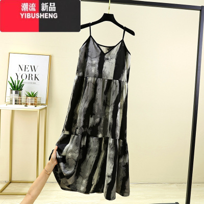 YIBUSHENG带胸垫吊带裙女季宽松拼接a字裙外穿薄款长裙v领家居睡裙连衣裙