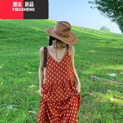 YIBUSHENG海边度假连衣裙西双版纳旅游穿搭雪纺复古红裙碎花宽松吊带沙滩裙