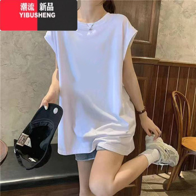 YIBUSHENG设计感白色小飞袖上衣潮中长款宽松休闲无袖t恤女生2024季新款