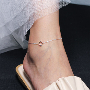 纯银脚链复古森系银饰个性饰品韩版简约银珠镂空方块脚踝链脚饰送女朋友老婆情人节七夕生日礼物 长度可调节