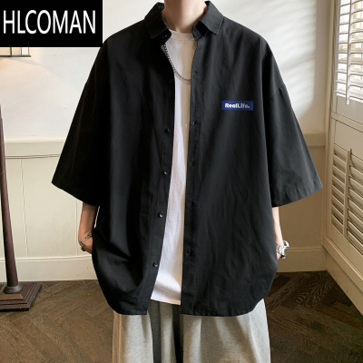 HLCOMAN夏季薄款冰丝休闲短袖衬衫男士港风日系大码半袖衬衣外套潮牌男生